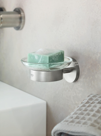 Savoniera Grohe 40444DC1, Essentials, pe perete, metal/sticla, mat, otel satinat [1]