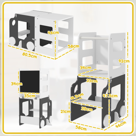  Scara Montessori 4 in 1 pentru Copii cu 2 Table si Set Masa si Scaun, din Lemn, 58x46x92 cm, Alb [2]