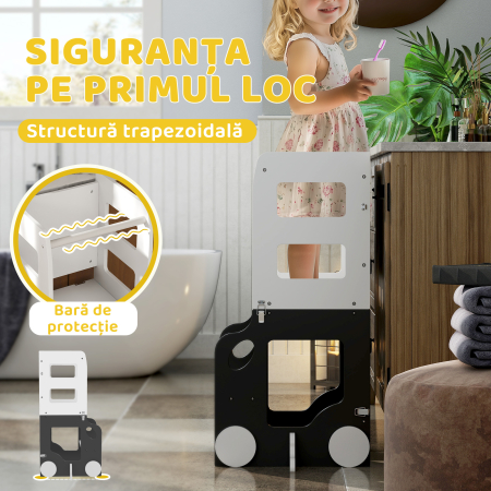  Scara Montessori 4 in 1 pentru Copii cu 2 Table si Set Masa si Scaun, din Lemn, 58x46x92 cm, Alb [4]