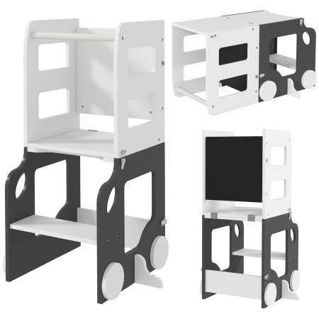 Dormitor & birou -  Scara Montessori 4 in 1 pentru Copii cu 2 Table si Set Masa si Scaun, din Lemn, 58x46x92 cm, Alb