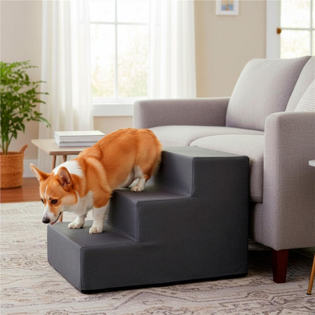 Scara animale companie 3 trepte antiderapanta husa detasabila, 30x45x30 cm, maxim 25 kg, gri inchis [8]