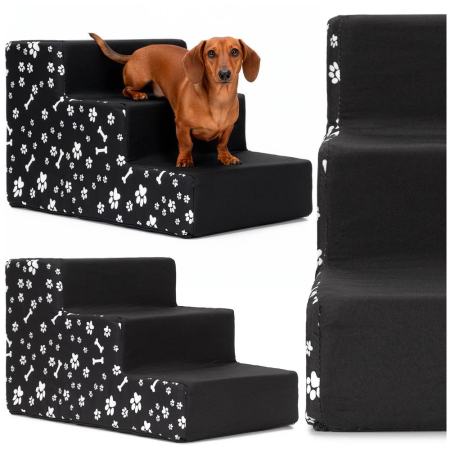 Scara animale companie 3 trepte antiderapanta husa detasabila, 30x48x30 cm, decor, negru alb [2]