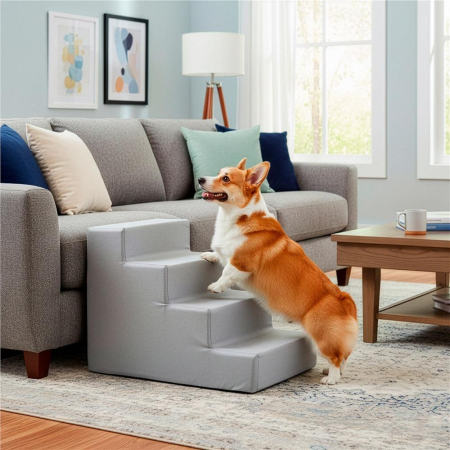 Scara animale companie 4 trepte antiderapanta husa detasabila, 30x58x40 cm, maxim 25 kg, gri deschis [5]