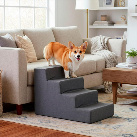 Scara animale companie 4 trepte antiderapanta husa detasabila, 30x58x40 cm, maxim 25 kg, gri inchis [1]