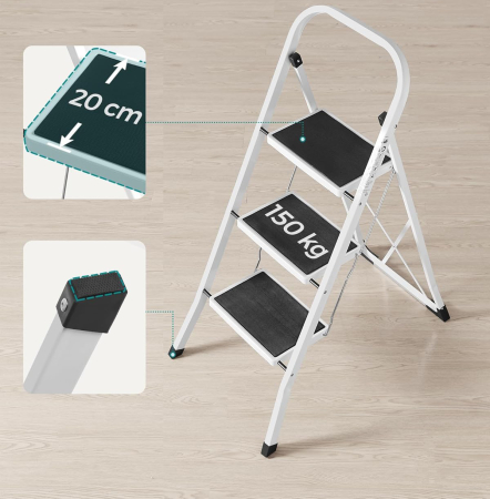 Scara pliabila cu 3 trepte, sarcina 150 kg, otel, 47x75x105 cm, alb si negru [9]