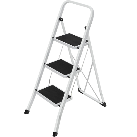 Mobila bucatarie - Scara pliabila cu 3 trepte, sarcina 150 kg, otel, 47x75x105 cm, alb si negru