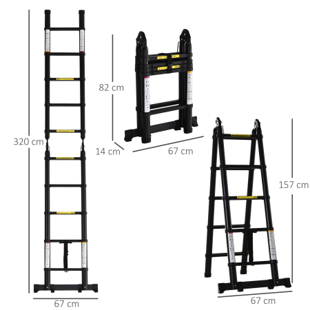  Scara Telescopica Pliabila cu 10 Trepte, Scara Extensibila din Aluminiu si Metal, 320x67x7 cm, Neagra [2]
