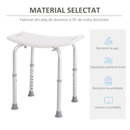  Scaun Baie pentru Dus, inaltime Reglabila, Antiderapant, Cadru din Aluminiu, Alb [5]