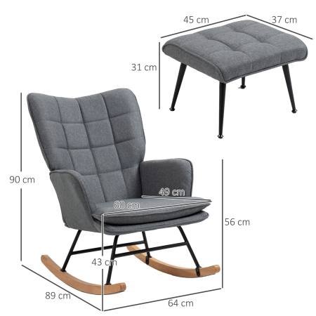  Scaun Balansoar cu Taburet in Stofa Tip In si Lemn de Cauciuc, Fotoliu Balansoar cu Perna, Spatar inalt, Cotiere, Capacitate 130 kg, pentru Dormitor Living, Gri [2]