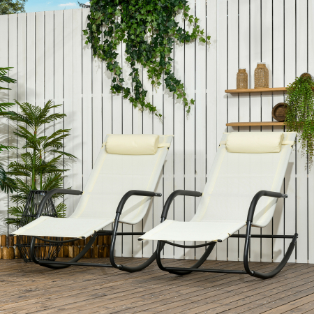  Scaun Balansoar de Gradina din Otel cu Cotiere si Tetiera Detasabile, 67x144x87 cm, Gri si Bej [1]