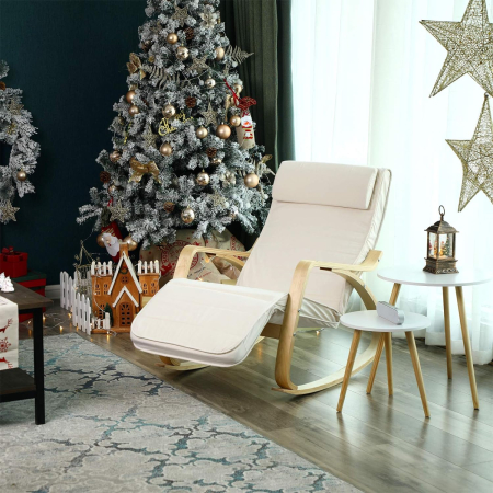 Scaun balansoar din lemn, suport picioare reglabil, maxim 150kg, 55x115x91cm, bej [6]