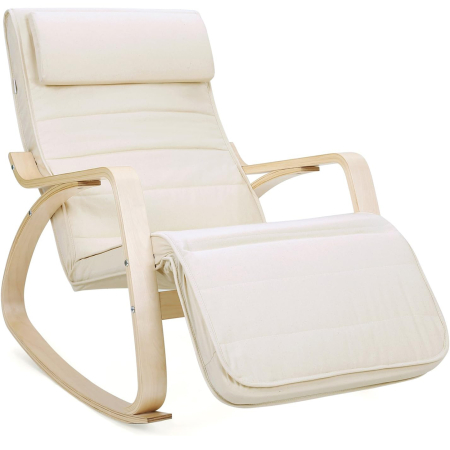 Mobila bucatarie - Scaun balansoar din lemn, suport picioare reglabil, maxim 150kg, 55x115x91cm, bej