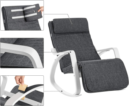 Scaun balansoar din lemn, suport picioare reglabil, maxim 150kg, 67x115x91cm, gri si alb [5]