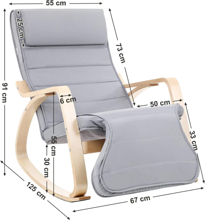 Scaun balansoar din lemn, suport picioare reglabil, maxim 150kg, 67x125x91cm, gri [3]