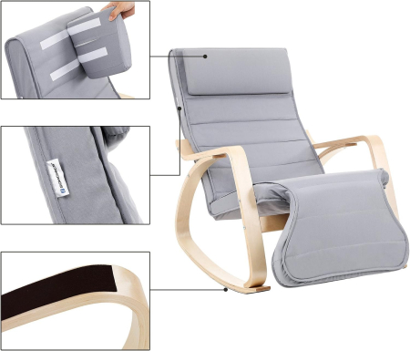 Scaun balansoar din lemn, suport picioare reglabil, maxim 150kg, 67x125x91cm, gri [4]