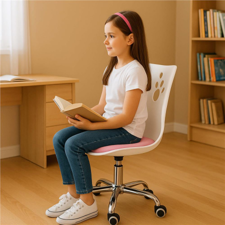 Scaun birou ergonomic, cu sezut din spuma, reglabil pe inaltime, maxim 120 kg, 90x49x48 cm, alb si roz [12]