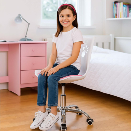 Scaun birou ergonomic, cu sezut din spuma, reglabil pe inaltime, maxim 120 kg, 90x49x48 cm, alb si roz [11]