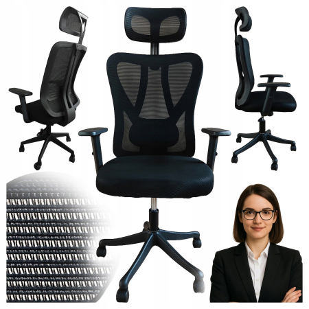 Scaun birou ergonomic, reglabil, cu suport lombar si tetiera, plasa mesh, maxim 120 kg, 50x50x126 cm, negru [4]