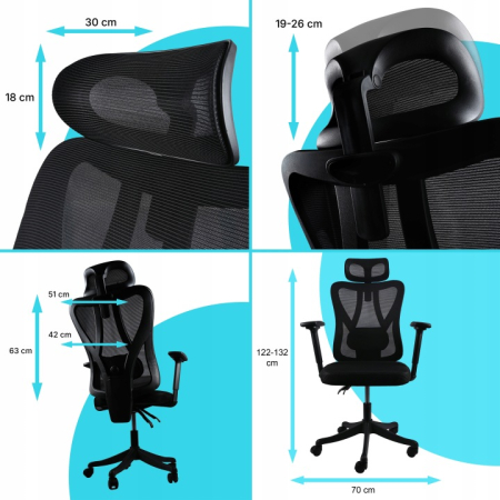 Scaun birou ergonomic, reglabil, cu suport lombar si tetiera, plasa mesh, maxim 120 kg, 50x50x126 cm, negru [14]