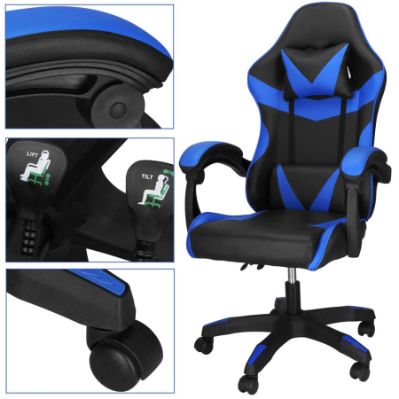 Scaun birou pentru gaming, ergonomic, suport lombar si tetiera, 114-123x55x50 cm, negru si albastru [10]