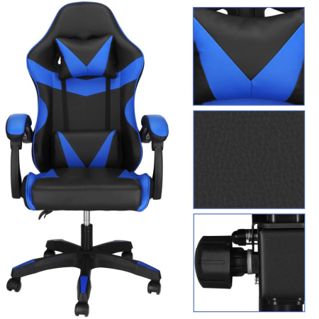 Scaun birou pentru gaming, ergonomic, suport lombar si tetiera, 114-123x55x50 cm, negru si albastru [11]