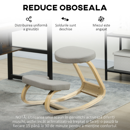  Scaun cu Genunchii cu Miscare de Balans, din tesatura si Lemn de Mesteacan, 50x73x55 cm, Gri [5]