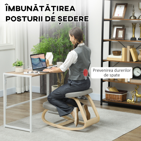  Scaun cu Genunchii cu Miscare de Balans, din tesatura si Lemn de Mesteacan, 50x73x55 cm, Gri [3]