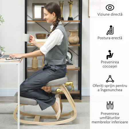  Scaun cu Genunchii cu Miscare de Balans, din tesatura si Lemn de Mesteacan, 50x73x55 cm, Gri [4]