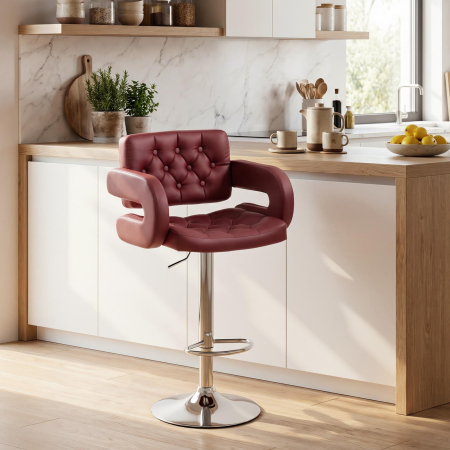  Scaun de Bar cu inaltime Reglabila, Scaun de Bucatarie inalt din PU cu Spatar, Suport pentru Picioare, Cotiere si sezut Confortabil, Structura Metalica, Rotativ la 360°, pentru Insula, Rosu Vin [1]