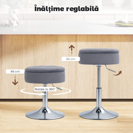  Scaun de Bar cu inaltime Reglabila si Compartiment Ascuns, sezut Rotativ tapitat Fara Spatar, Gri [5]