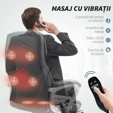 Scaun de Birou cu Masaj in 6 Puncte, Vibrant si inclinabil, cu Buzunar si Telecomanda, 66x72x113-121 cm, Gri [3]