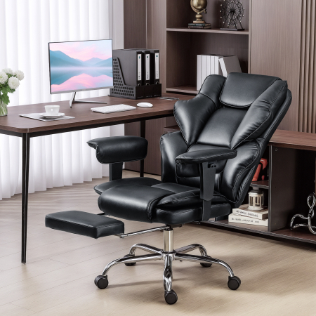 , Scaun de Birou, cu Suport pentru Picioare si Tetiera, din Piele PU, Spuma si Metal, 76x73x117-125 cm, Negru [1]