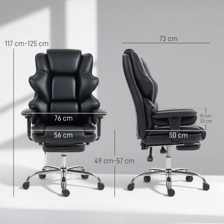 , Scaun de Birou, cu Suport pentru Picioare si Tetiera, din Piele PU, Spuma si Metal, 76x73x117-125 cm, Negru [2]