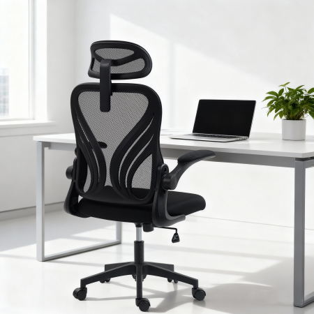  Scaun de Birou Ergonomic cu Brate Rabatabile, Suport Lombar si Tetiera Reglabila, Negru [1]
