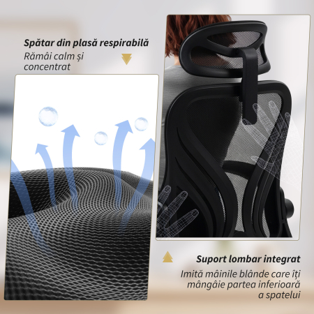  Scaun de Birou Ergonomic cu Brate Rabatabile, Suport Lombar si Tetiera Reglabila, Negru [4]