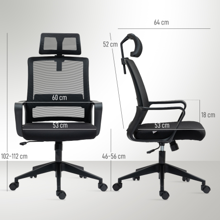  Scaun de Birou Ergonomic cu Tetiera, inaltime Reglabila si Functie de Balansare, 60x64x102-112 cm, Negru [2]