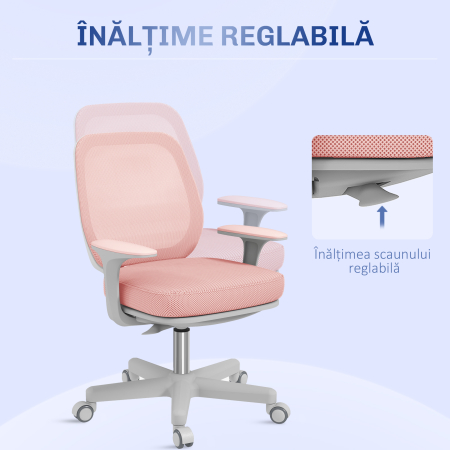  Scaun de birou ergonomic, reglabil pe inaltime, cu 5 roti, 55x48x82.5-94.5 cm, roz [4]
