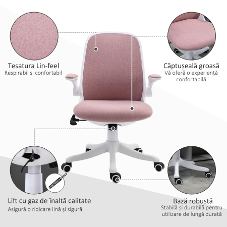  Scaun de Birou Ergonomic Reglabil pe inaltime, din Material cu Efect de Catifea, 62.5x60x94-104 cm, Alb si Roz [7]