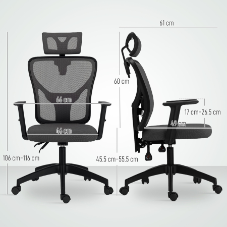  Scaun de birou ergonomic si reglabil cu suport lombar si tetiera, 66x61x106-116 cm, gri [2]