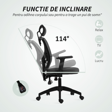  Scaun de birou ergonomic si reglabil cu suport lombar si tetiera, 66x61x106-116 cm, gri [5]