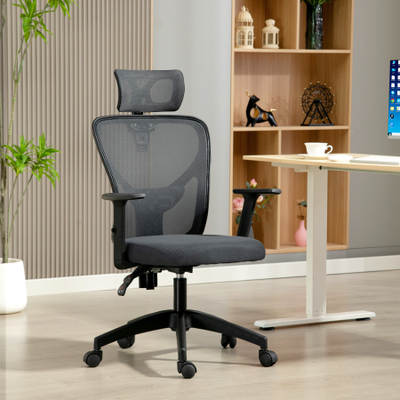  Scaun de birou ergonomic si reglabil cu suport lombar si tetiera, 66x61x106-116 cm, gri [1]