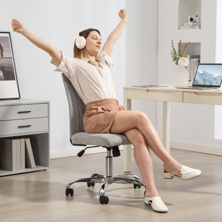  Scaun de Birou fara Brate, cu inaltime Reglabila si sezut Rotativ, Tapiterie din Material Textil, Gri [7]