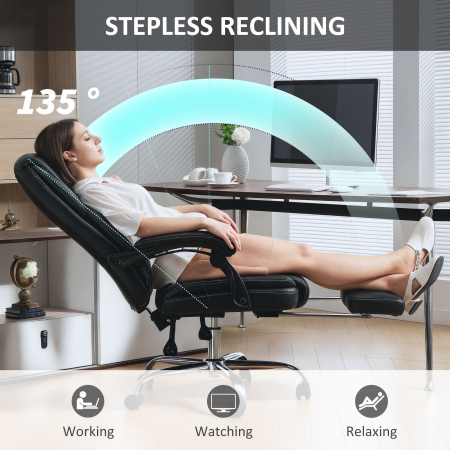  Scaun de birou rabatabil cu suport pentru picioare retractabil, din piele PU, capacitate de 120 kg, negru [6]