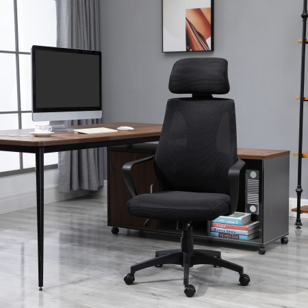  Scaun de Birou Rabatabil cu Tetiera si Suport Lombar, din Poliester, 64x55x116-126 cm, Negru [1]