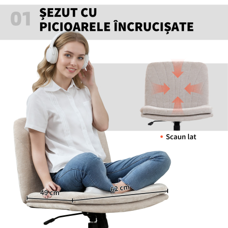  Scaun de Birou Reglabil, inclinabil si Rotativ, din tesatura Chenille si Otel, 62x67x83-93 cm, Bej [3]