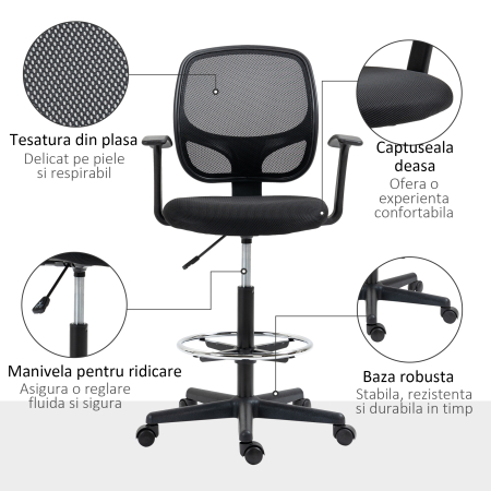  Scaun de birou reglabil pe inaltime cu cotiere, roti pivotante si scaun captusit cu cauciuc spuma, 60x56x110-132cm, negru [6]