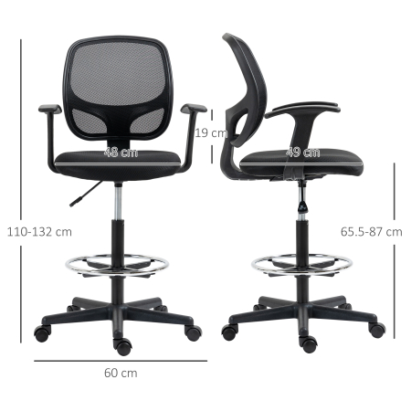  Scaun de birou reglabil pe inaltime cu cotiere, roti pivotante si scaun captusit cu cauciuc spuma, 60x56x110-132cm, negru [2]