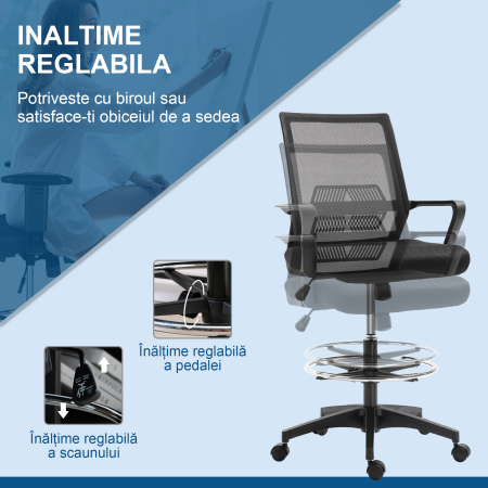  Scaun de Birou Reglabil pe inaltime cu Suport pentru Picioare, Negru [3]
