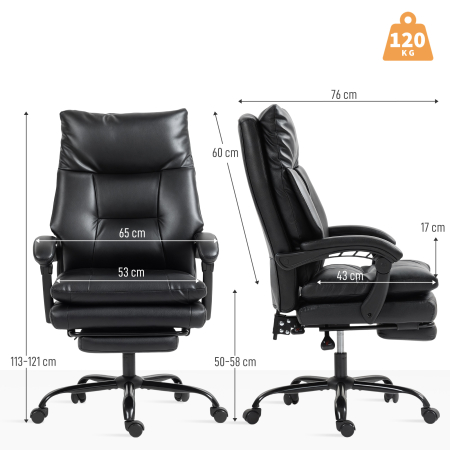  Scaun de Birou Reglabil pe inaltime si Reclinabil pana la 135°, din Piele PU Neagra, 65x76x113-121 cm [2]