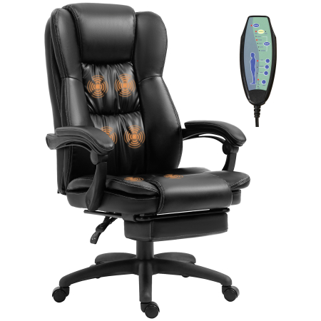 Dormitor & birou -  Scaun de birou, Scaun directorial, Scaun pivotant, cu functie de masaj, functie de inclinare, piele artificiala, spuma, plastic PP, nailon, negru, 68,5 x 68,5 x 119-127 cm